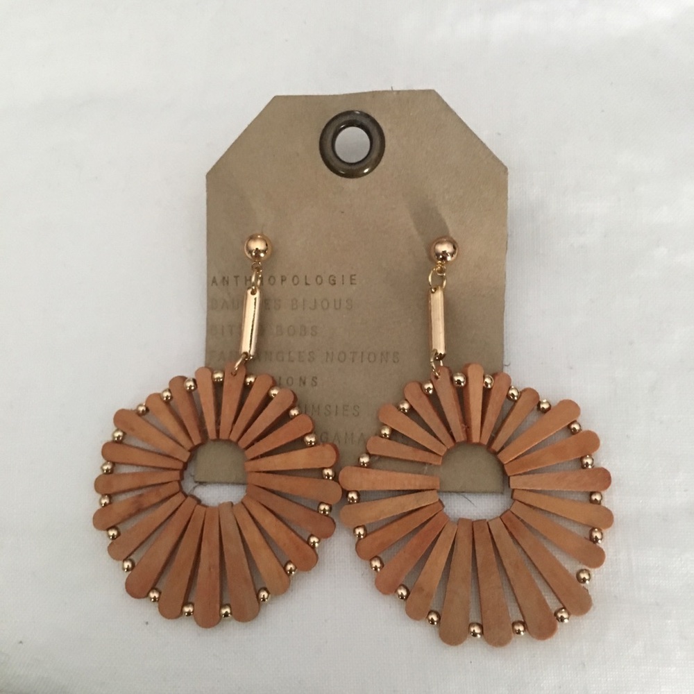 Anthropologie Wooden Windmill Drop Earrings